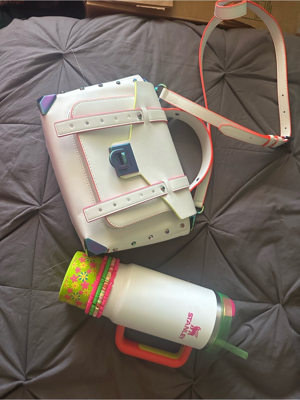 Michael Kors White Satchel with Neon Pink and Lime Trim